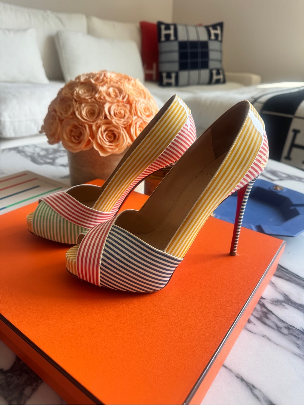 Christian Louboutin Multicolor Striped Peep-Toe Stiletto Heels